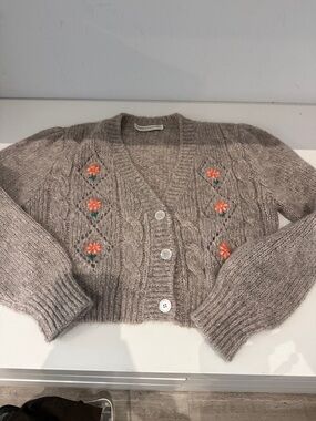 Alessandra Rich Taupe Cable-Knit Cropped Cardigan with Orange Flower Embroidery